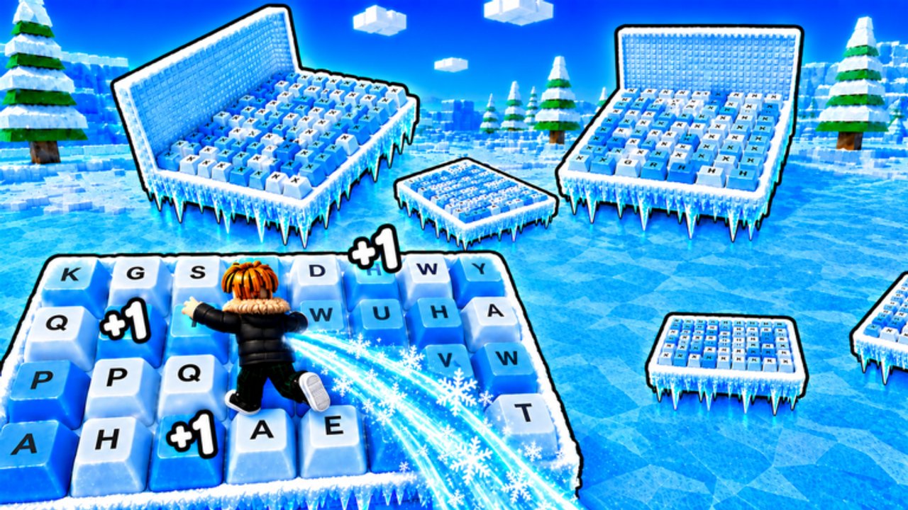 Roblox avatar sprinting across a giant icy keyboard in Speed Snow Keyboard Escape with +1 Speed pops