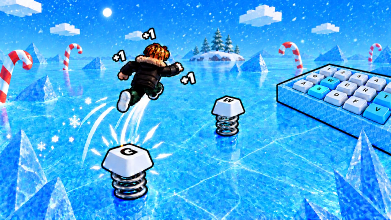 Player jumping between spring-mounted ice keycaps over a frozen lake in Speed Snow Keyboard Escape